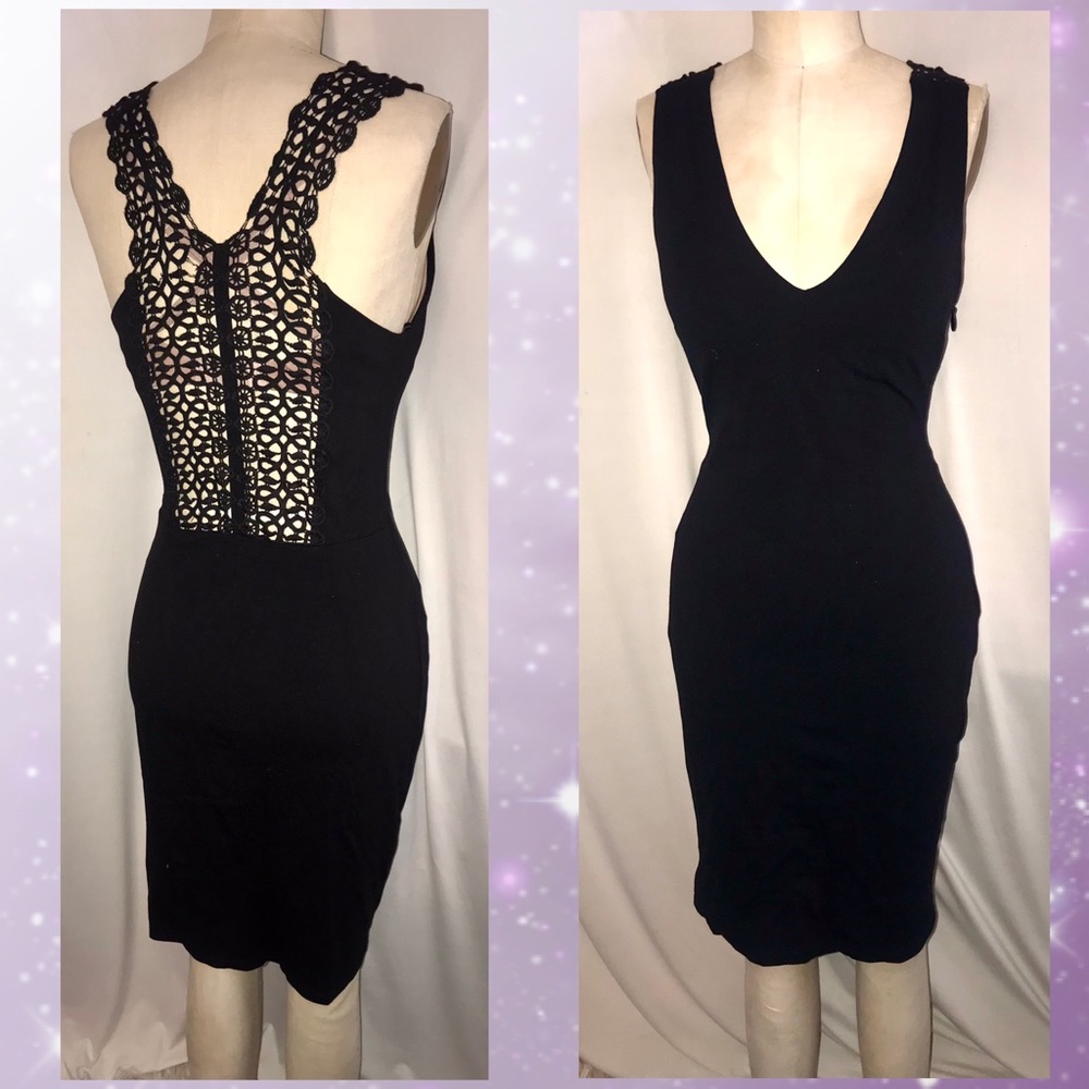 bebe Black Midi Dress with Crochet Lace Back